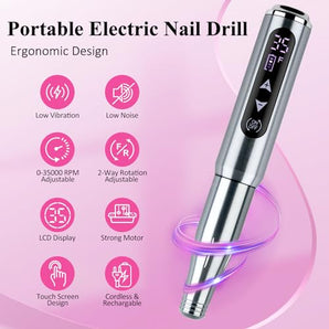 Arousar Electric Nail Drill Cordless, 35000RPM Touchscreen Rechargeable Nail Drill Portable LCD Display Electric Nail File Machine for Professional Manicure Pedicure and Polishing