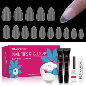 Arousar Fake Nail Tips with 20ml Solid Nail Glue Gel - Clear Frosted Acrylic Nails Full Cover Press on Nails for DIY Nail Art