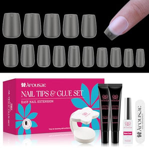 Arousar 360pcs Short Coffin Nail Tips Kit, Clear Acrylic Nail Extension Set in 15 Sizes, Matte Full Cover Press on False Nail Tips with 20ml*2 Glue Gel & UV Nail Lamp, Autumn Halloween DIY Salon Gift