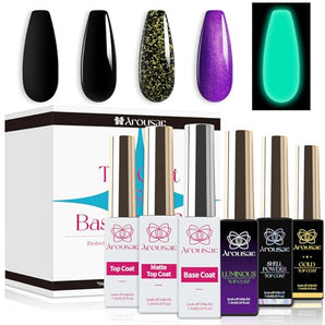 Arousar Gel Base and Top Coat Set, Combination Base Coat Nail Polish with Matte, No-Wash, Gold Foil, Glow-in-the-Dark and Seashell Top Coats Kit Cuticle Oil for Easy and Creative Nail Art