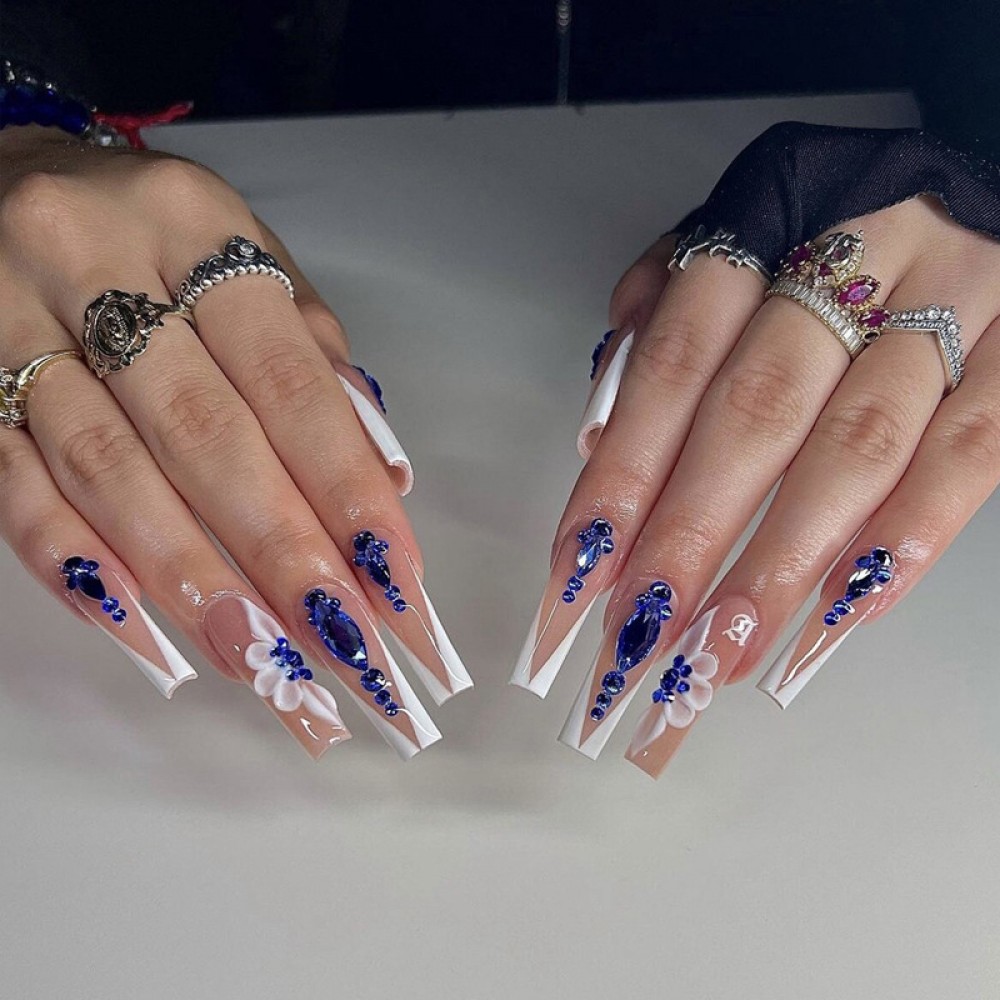 Queen of the Blue Crystal Long Press on Nails 24pcs
