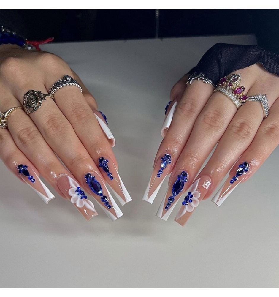 Queen of the Blue Crystal Long Press on Nails 24pcs