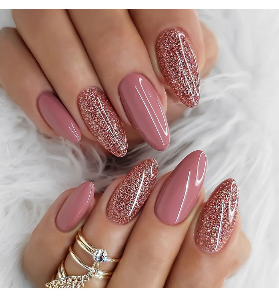 Pink & Glitter Solid color Almond type Press on Nails 24pcs