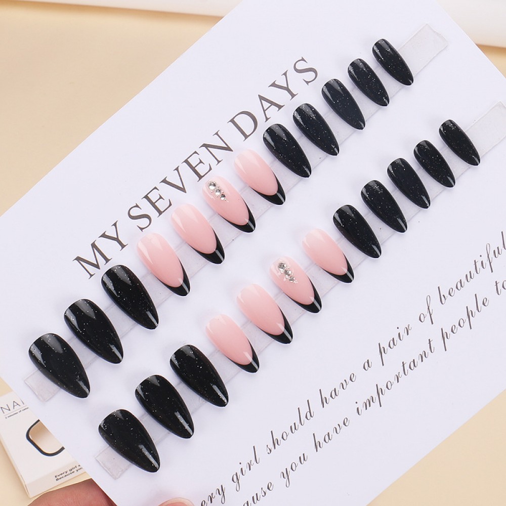 Pink and Black Princess  French Almond type Press on Nails 24pcs