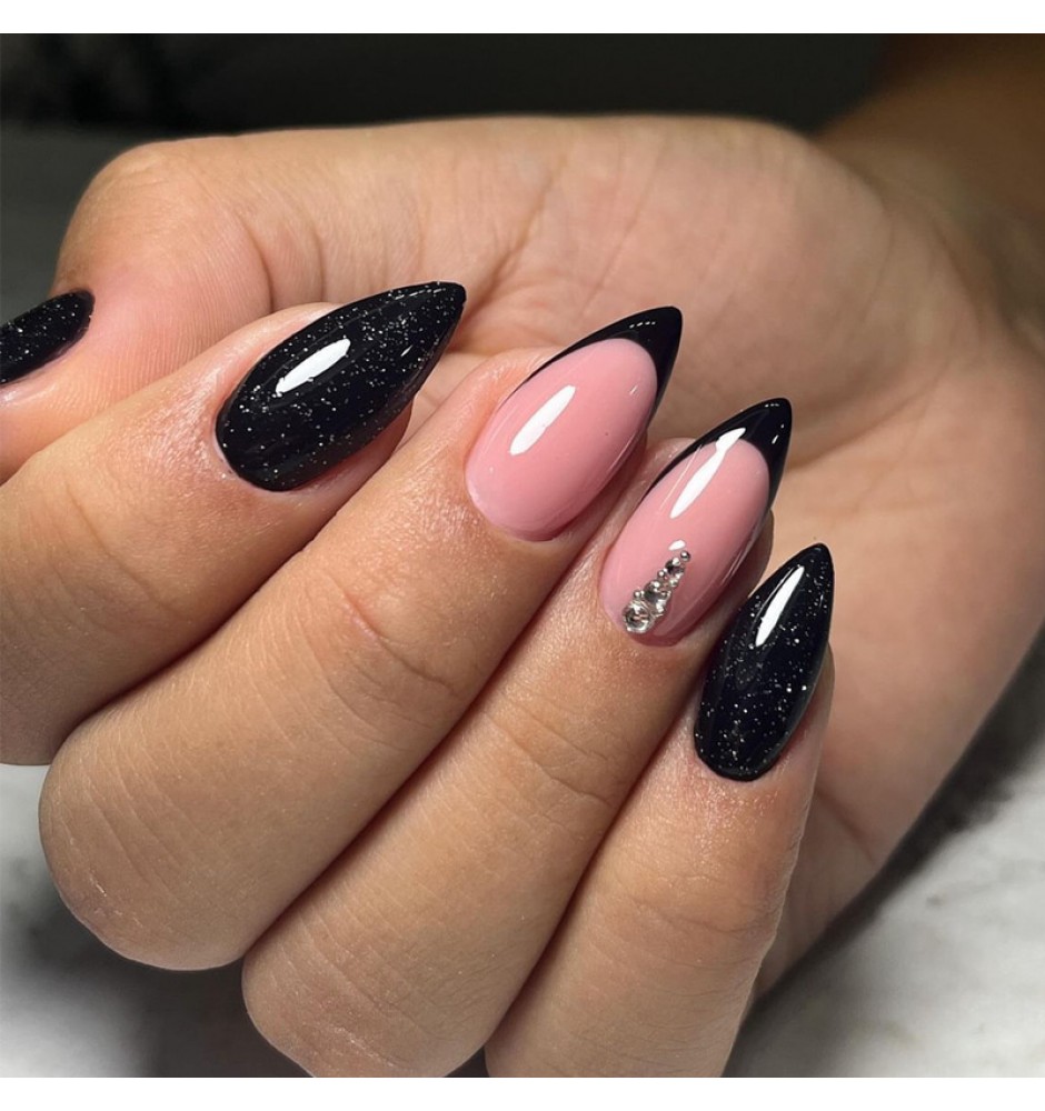 Pink and Black Princess  French Almond type Press on Nails 24pcs