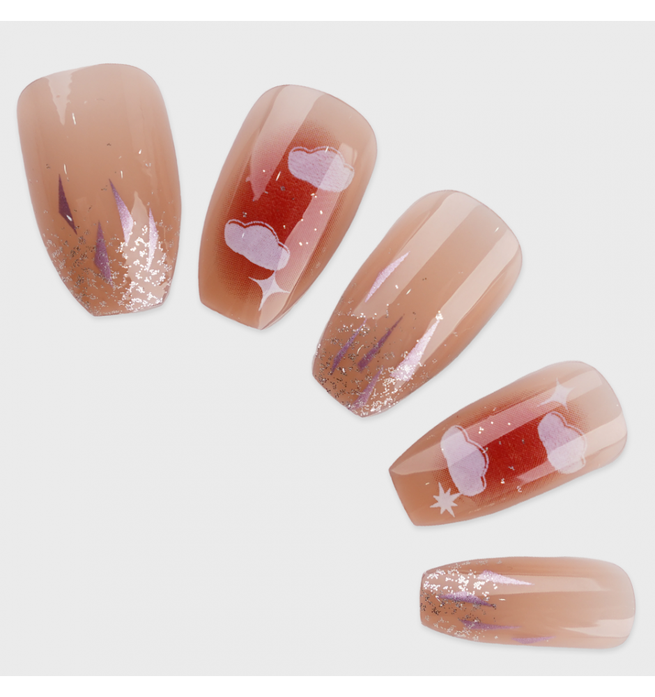 Manicure wear nail mid-length ice transparent Camellia fake nail patch pure desire wind Aurora Diamond hot nail piece wholesale-R416 shiny clouds_Wear kit