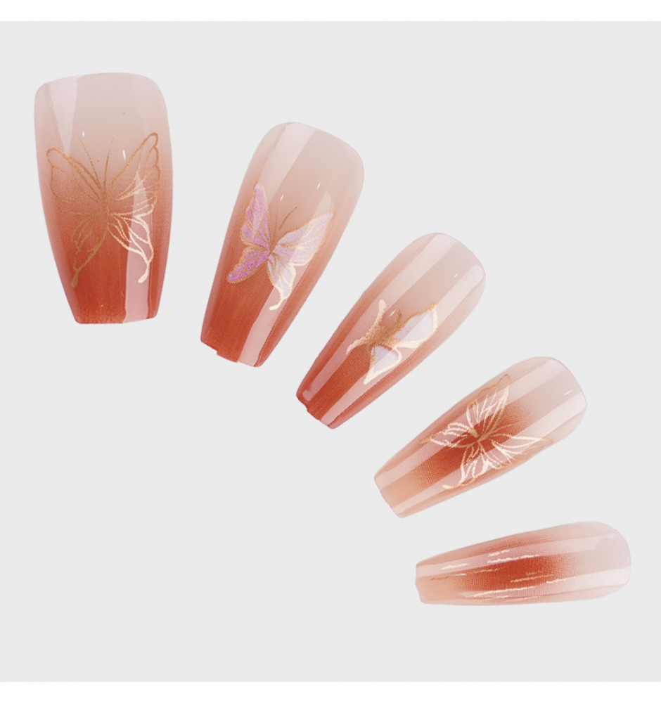 Manicure wear nail mid-length ice transparent Camellia fake nail patch pure desire wind Aurora Diamond hot nail piece wholesale-R747 Good Luck Butterfly_Glue type
