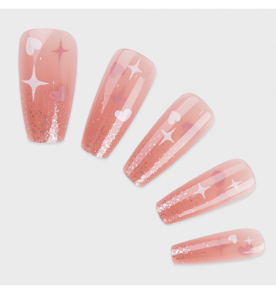 Manicure wear nail mid-length ice transparent Camellia fake nail patch pure desire wind Aurora Diamond hot nail piece wholesale-R827 Sweet Girl Glitter_Wear kit