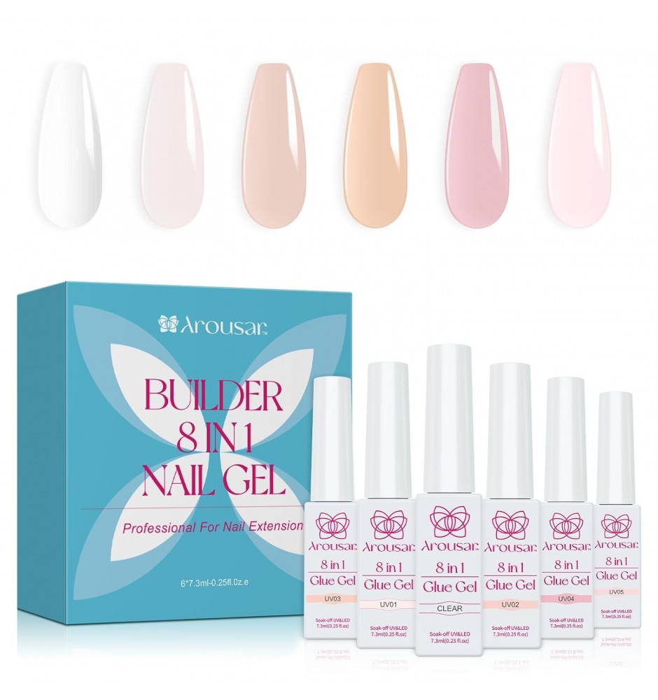 Builder Nail Gel, 6 Colors Clear Pink Nude Neutral Sheer Gel Builder Extension 8-in-1 Nail Strengthener Base Gel False Nail Tips Glue Gel
