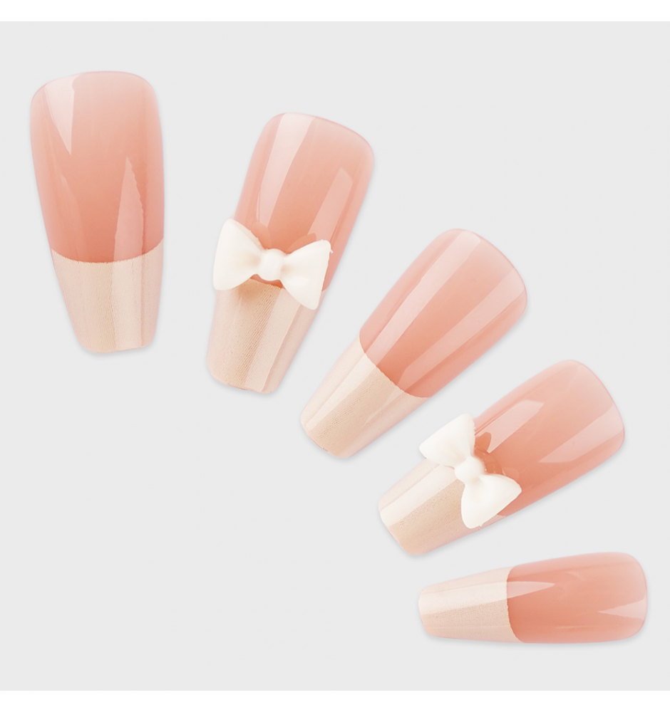 Manicure wear nail mid-length ice transparent Camellia fake nail patch pure desire wind Aurora Diamond hot nail piece wholesale-Z420 milk yellow bow_Wear kit