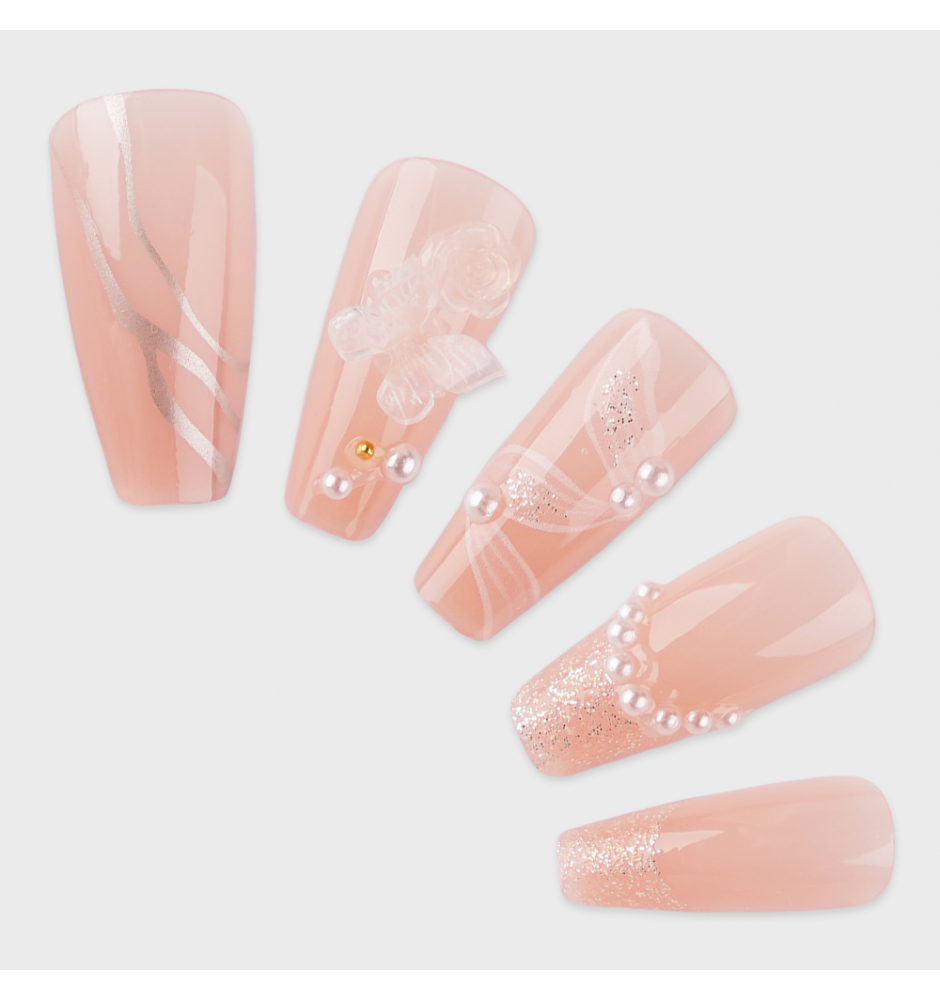 Manicure wear nail mid-length ice transparent Camellia fake nail patch pure desire wind Aurora Diamond hot nail piece wholesale-Z449 ribbon butterfly_Wear kit