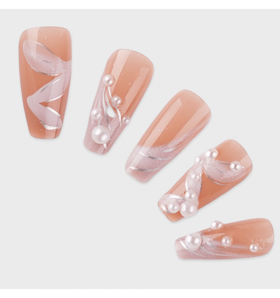 Manicure wear nail mid-length ice transparent Camellia fake nail patch pure desire wind Aurora Diamond hot nail piece wholesale-Z497 Pearl Silk_Glue type