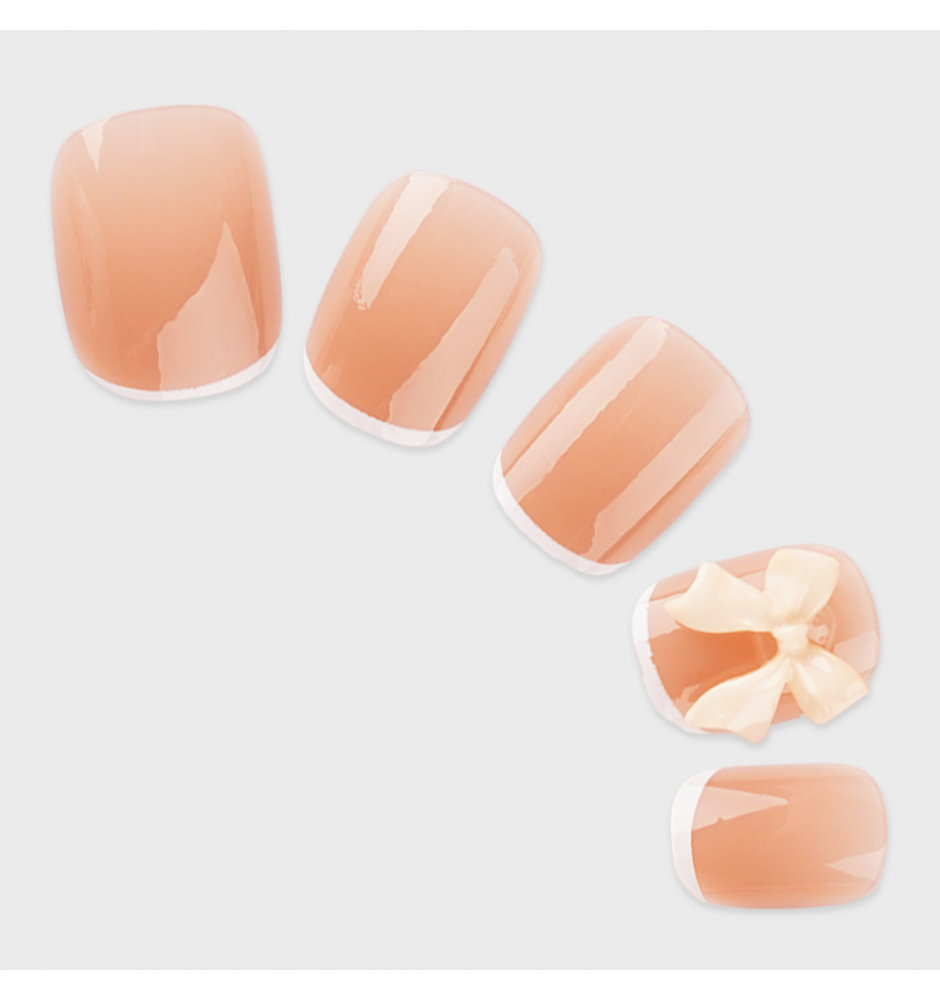Manicure wear nail mid-length ice transparent Camellia fake nail patch pure desire wind Aurora Diamond hot nail piece wholesale-Z500 nude bow French style_Wear kit