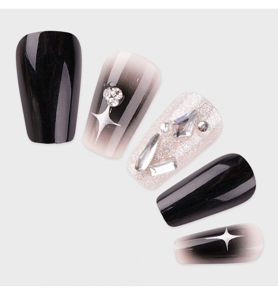 Manicure wear nail mid-length ice transparent Camellia fake nail patch pure desire wind Aurora Diamond hot nail piece wholesale-Z570 Dark Star Diamond_Wear kit