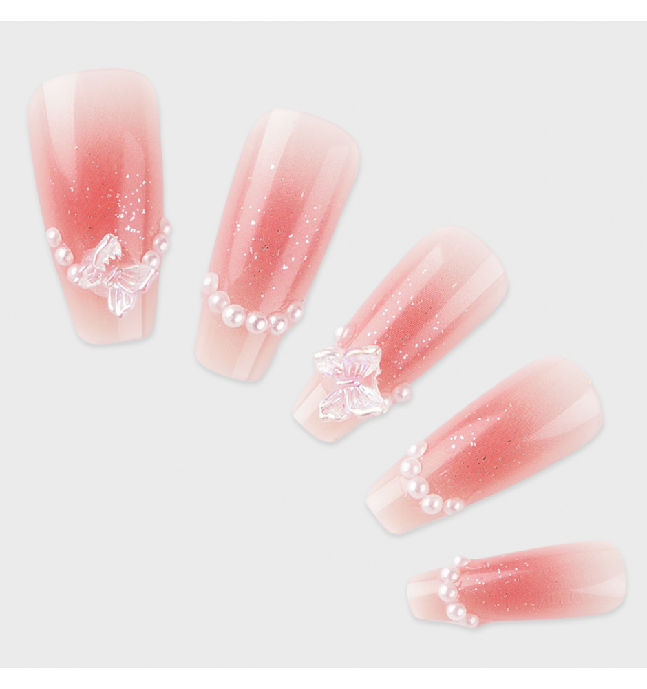 Manicure wear nail mid-length ice transparent Camellia fake nail patch pure desire wind Aurora Diamond hot nail piece wholesale-Z603 dream butterfly_Wear kit