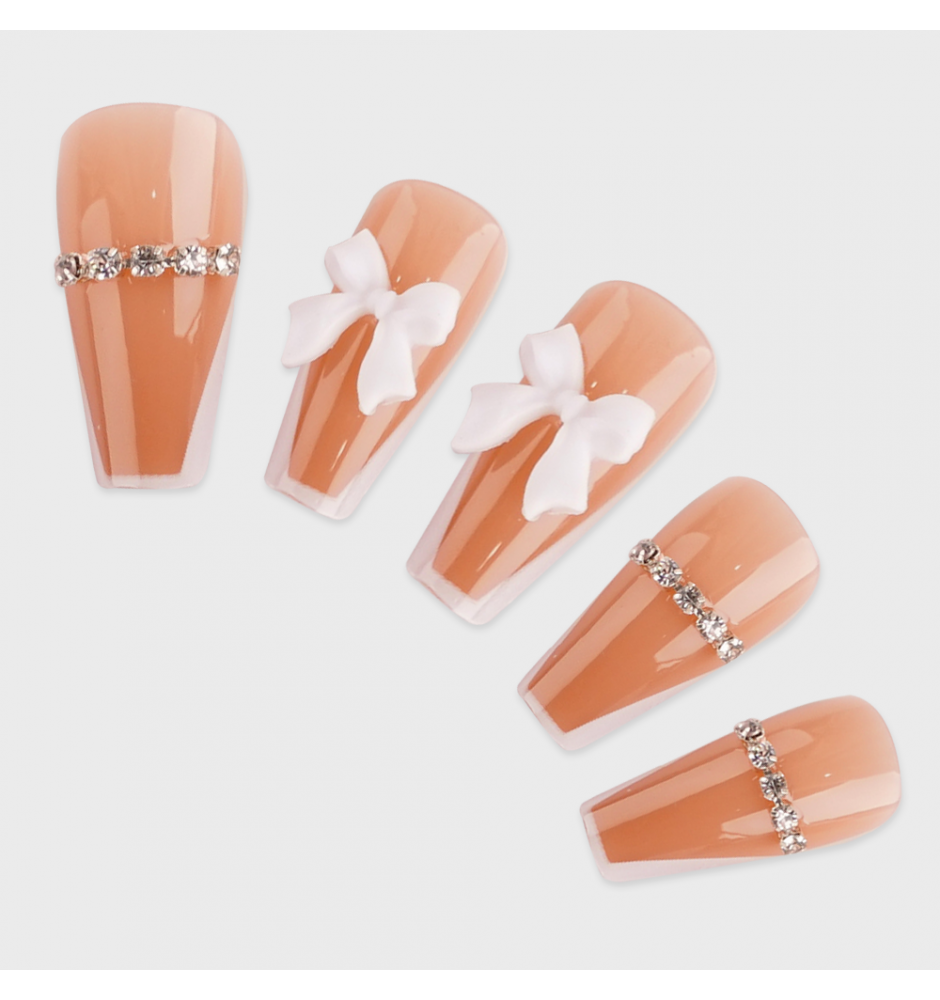 Manicure wear nail mid-length ice transparent Camellia fake nail patch pure desire wind Aurora Diamond hot nail piece wholesale-Z607 French white edge chain_Glue type