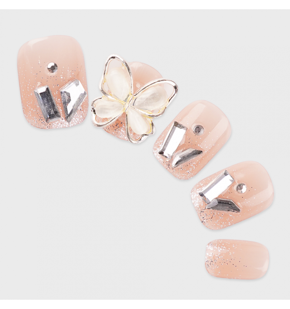 Manicure wear nail mid-length ice transparent Camellia fake nail patch pure desire wind Aurora Diamond hot nail piece wholesale-Z611 Jade flash butterfly_Glue type