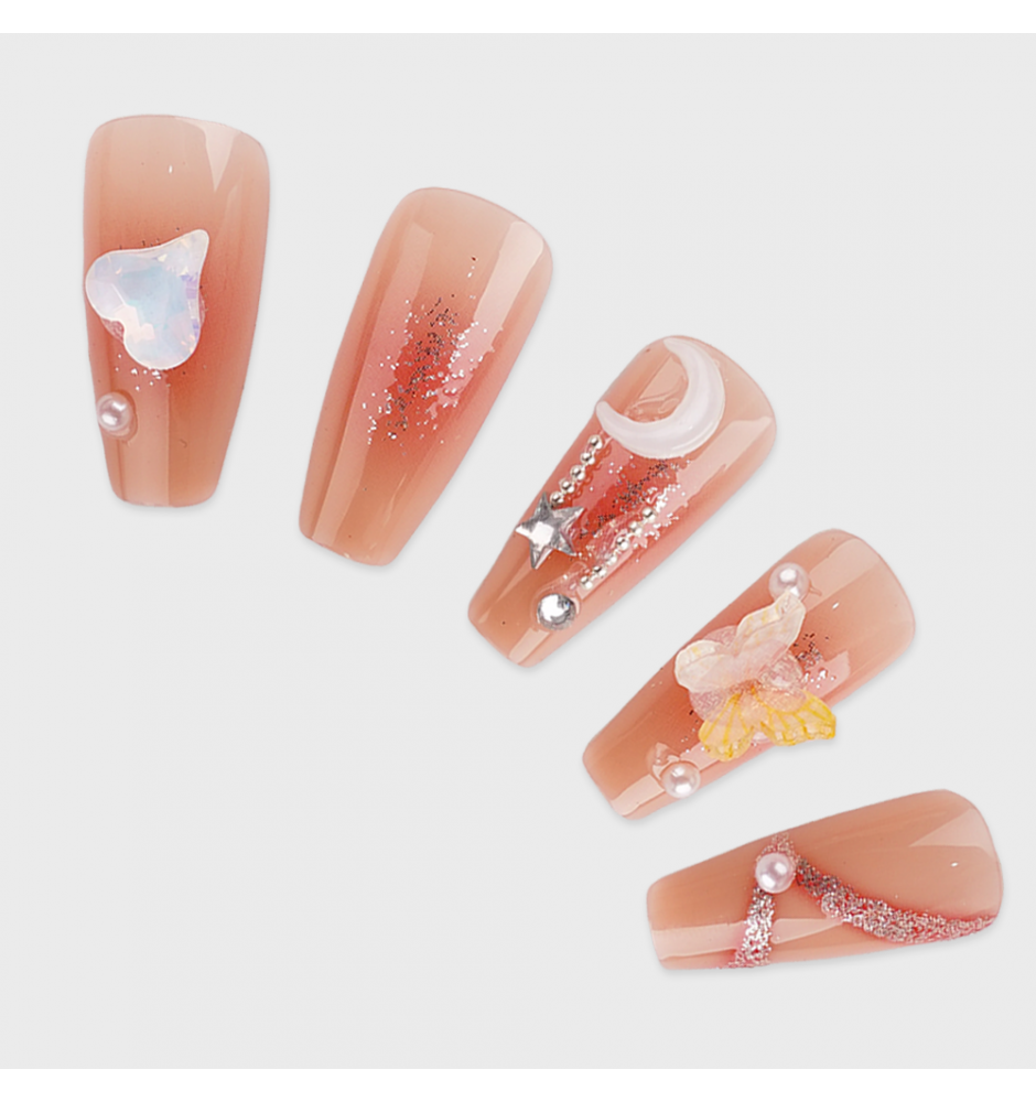 Manicure wear nail mid-length ice transparent Camellia fake nail patch pure desire wind Aurora Diamond hot nail piece wholesale-Z612 pomegranate moon butterfly_Glue type