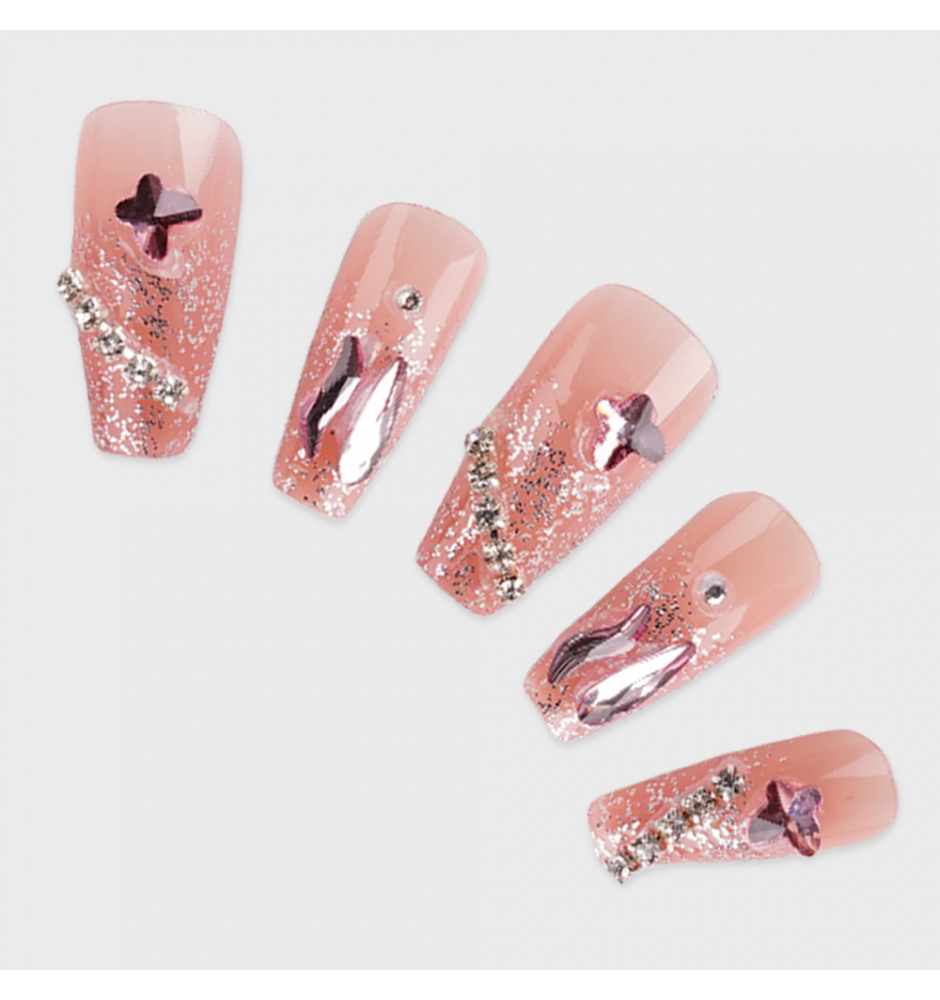 Manicure wear nail mid-length ice transparent Camellia fake nail patch pure desire wind Aurora Diamond hot nail piece wholesale-Z616 fluttering pink butterfly_Glue type