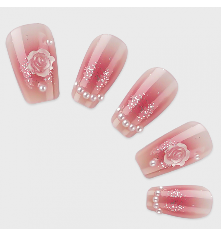 Manicure wear nail mid-length ice transparent Camellia fake nail patch pure desire wind Aurora Diamond hot nail piece wholesale-Z617 gentle blush Camellia_Glue type